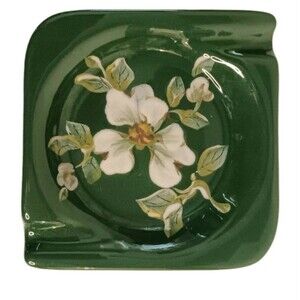 Vintage Square Ashtray Green White Floral Vee Jackson California Pottery 3.5"